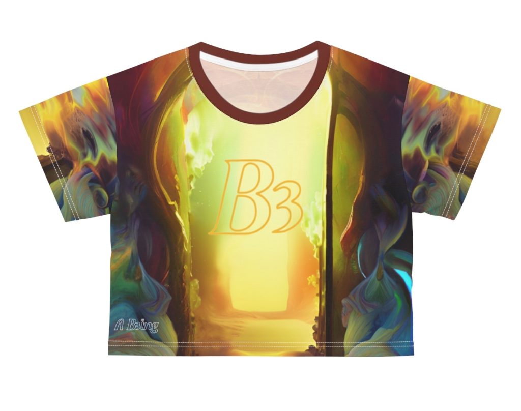 B3! (Be!) Womens' Graphic AOP Crop Top Tee front view.