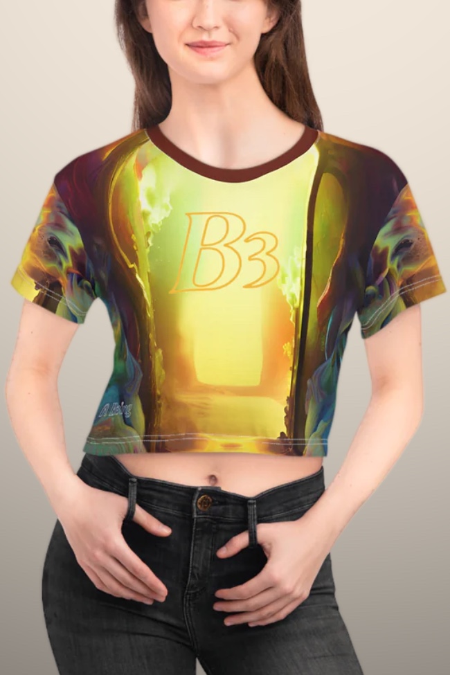 B3! (Be!) Womens' Crop Top Tee front view, modeled