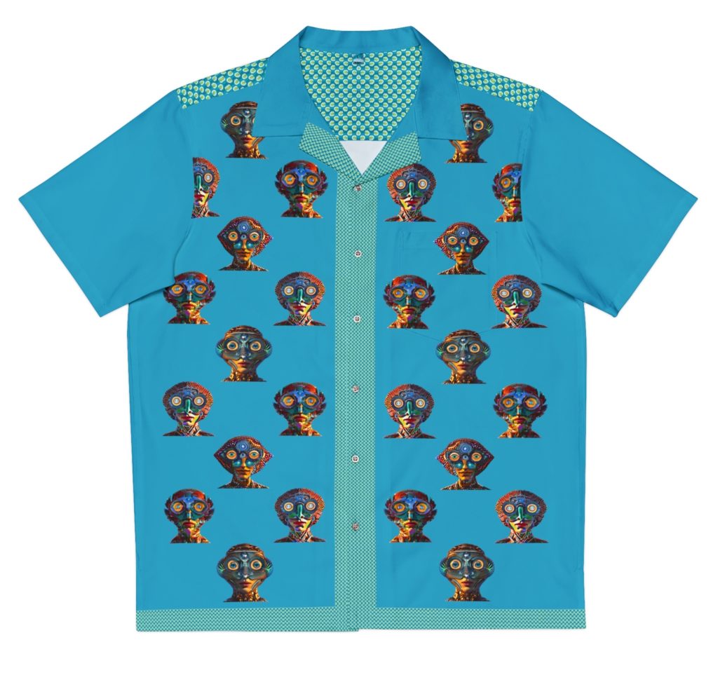 'We're B3ings' Mens' Hawaiian AOP Tee front view.