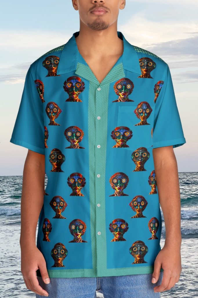 'We're B3ings' Mens' Hawaiian / Bowling Shirt mashup. Male model on beach