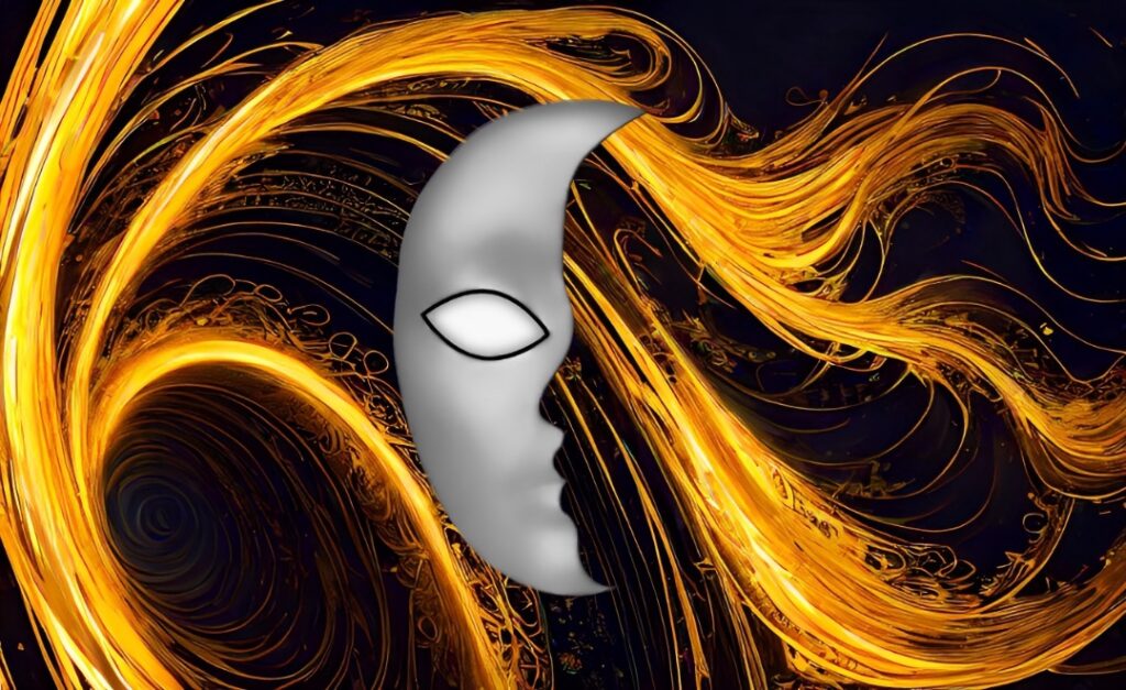 A white half mask with a profile of another face cut into the side, against a background of swirling, fiery, gold.